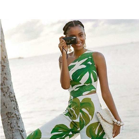 FARM Rio Pants - FARM Rio Green & White One-Shoulder Wide Leg Jumpsuit with Leaf Print